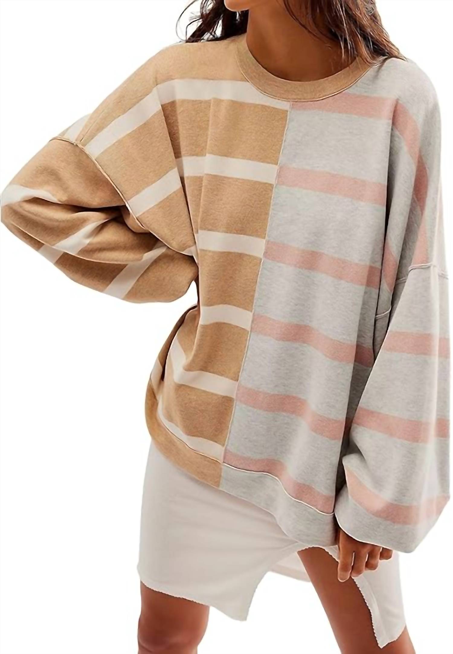 Free People Uptown Stripe Pullover Sweater in camel grey combo - women's sweater - detail view
