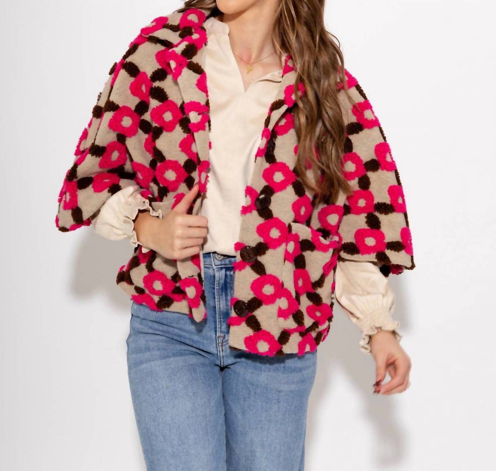 Ivy Jane Pop Flower Capelet Jacket in brown pink floral - women's jacket