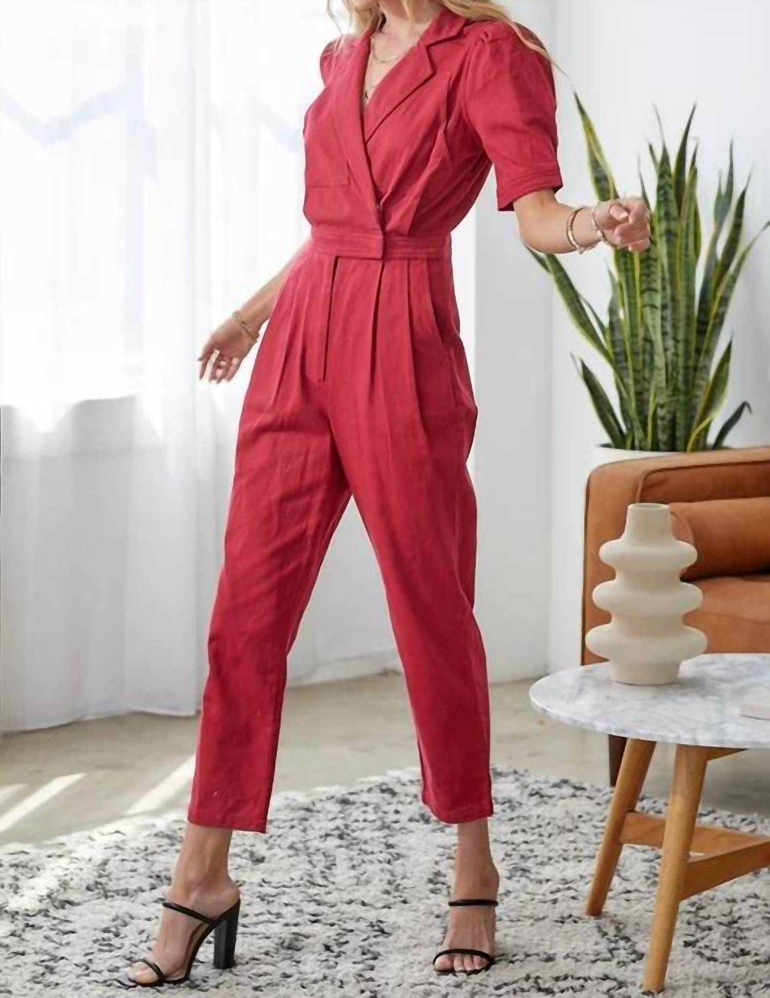 Day + Moon - Puff Sleeve Wrap Front Denim Jumpsuit