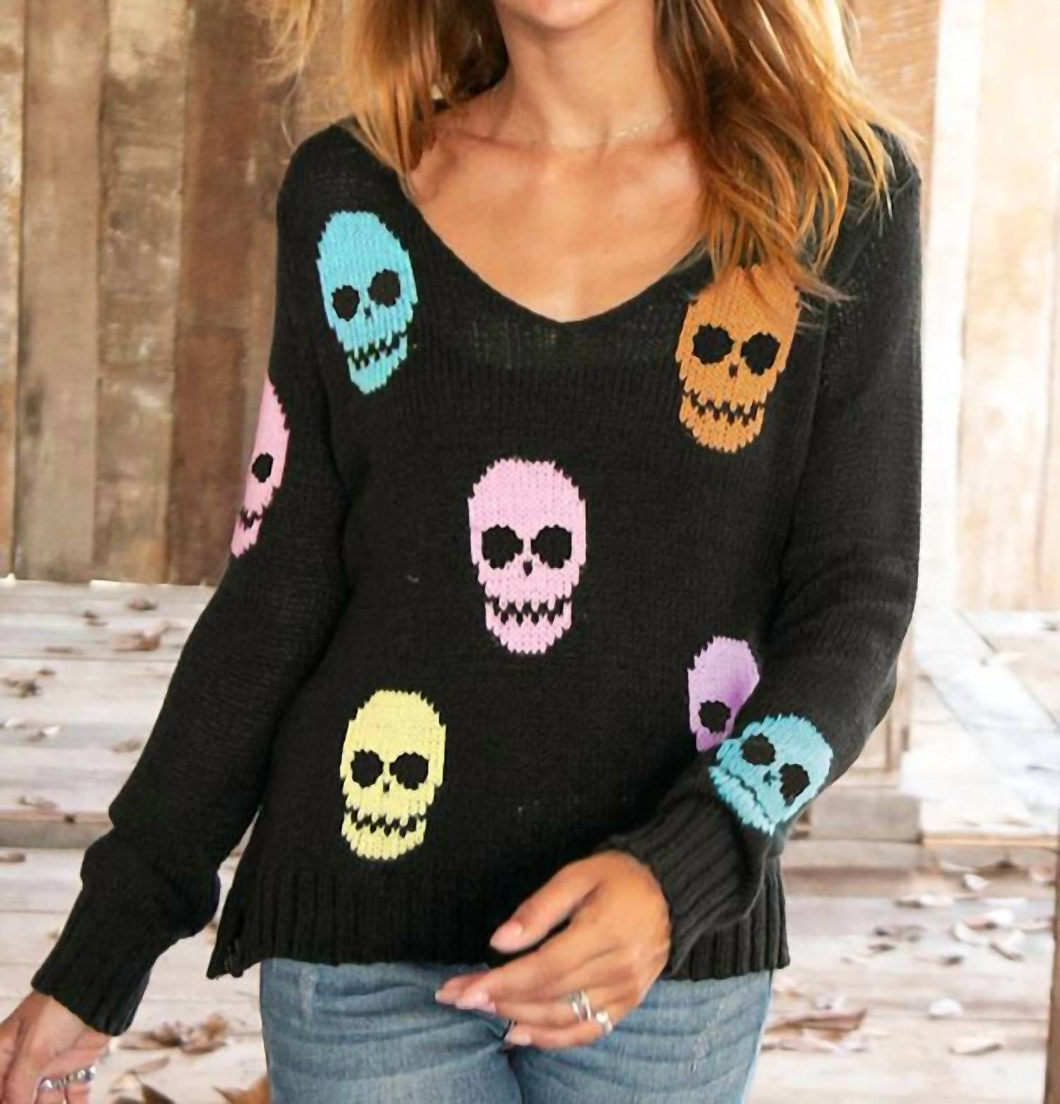 Wooden Ships Skull Long Sleeve Sweater in black multi - women's cardigan