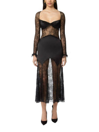 Nina Ricci - Open Neck And Long Sleeves In Lace And Satin Long Dress