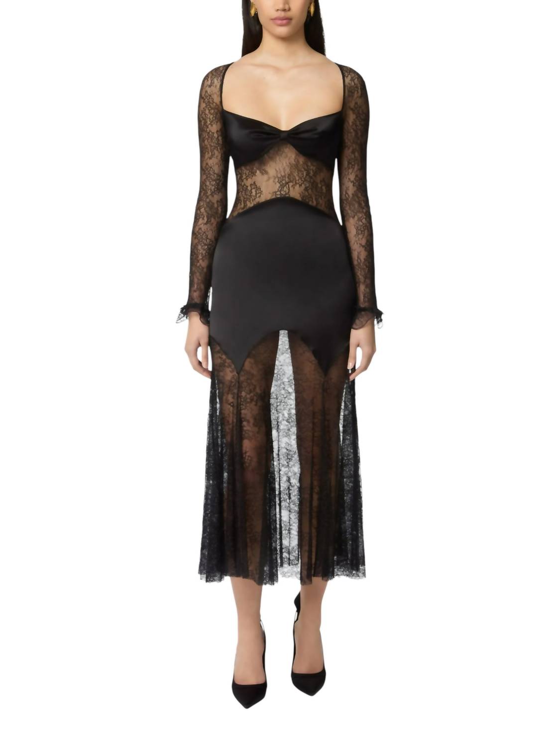 Nina Ricci - Open Neck And Long Sleeves In Lace And Satin Long Dress