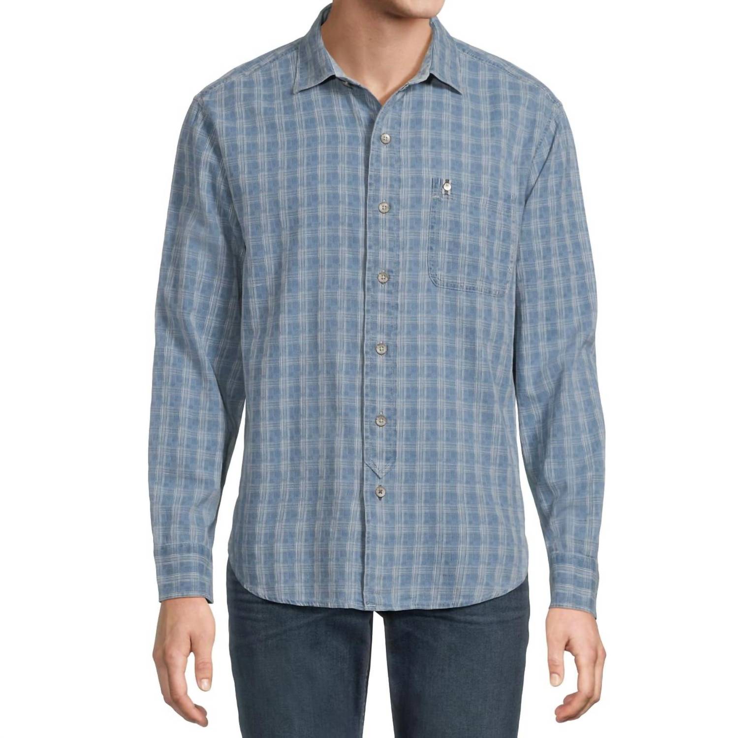 TOMMY BAHAMA Lopez Island Check Button Front Shirt in light indigo - men's shirt