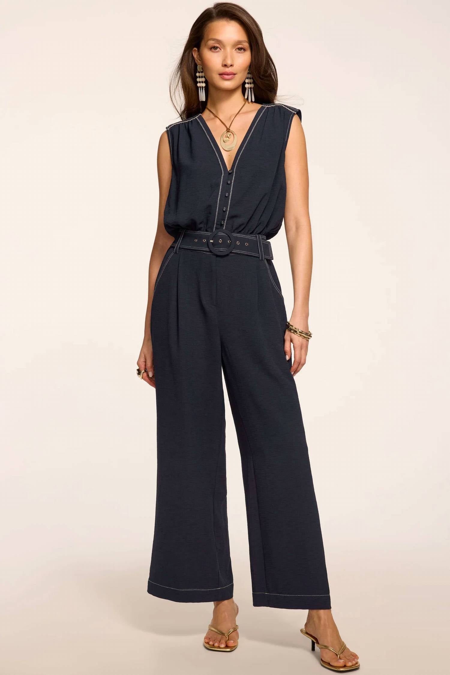 Ramy Brook - Astrid V-Neck Belted Sleeveless Textured Jumpsuit