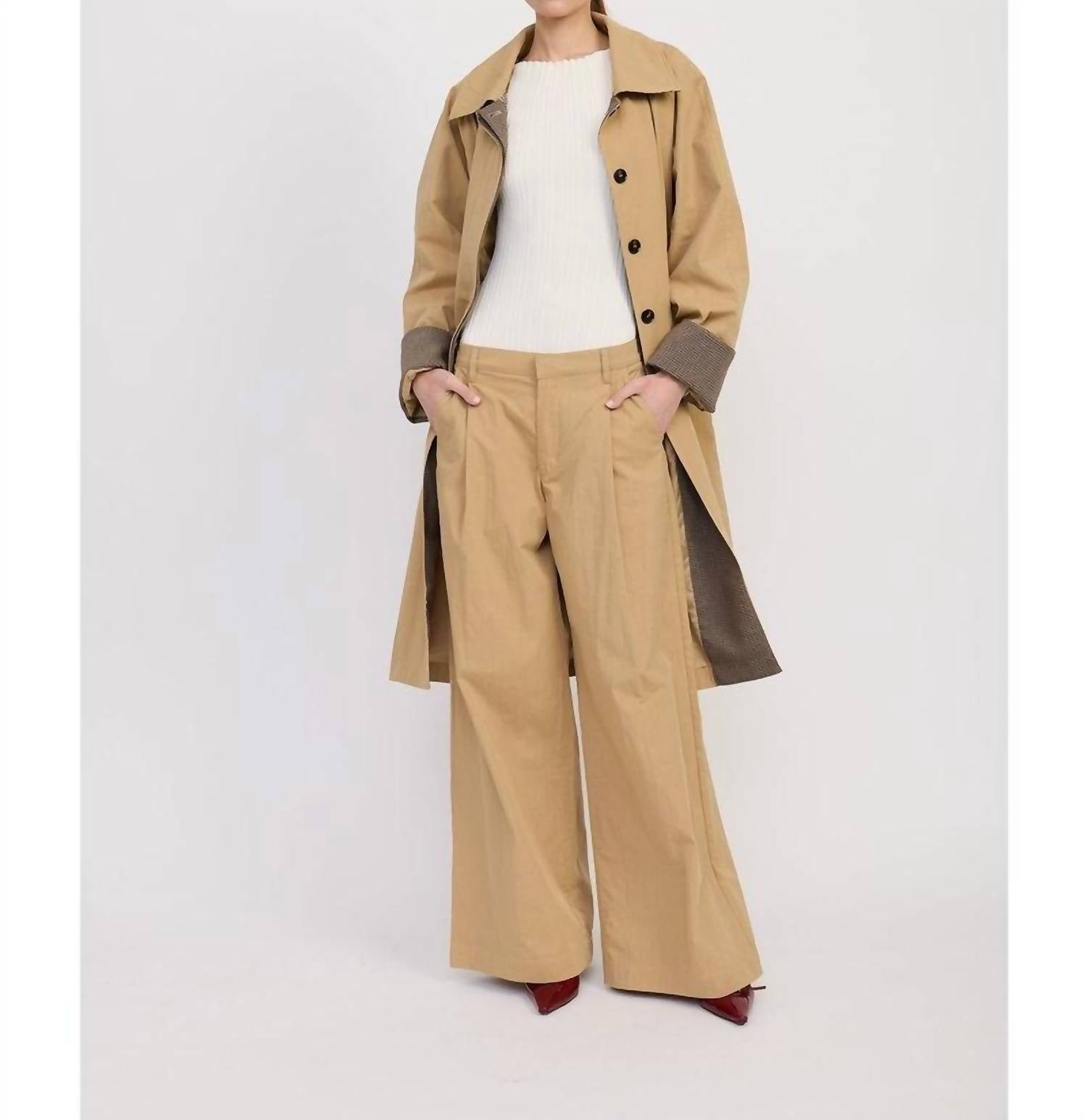 En Saison Marleigh Long Car Coat in khaki 1 - women's jacket - detail view