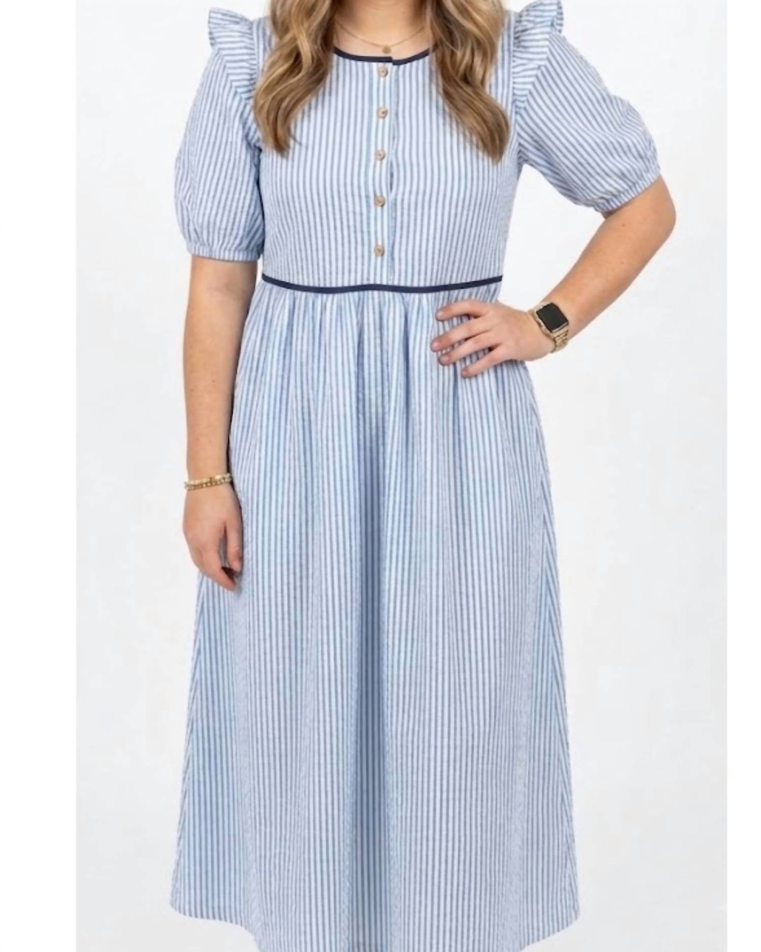 Heyson - Seersucker Stripe Pintucked Bow Back Midi Dress