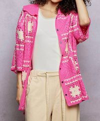 POL Button Collar Granny Square Crochet Shirt Top in pink multi - women's blouse - view 4