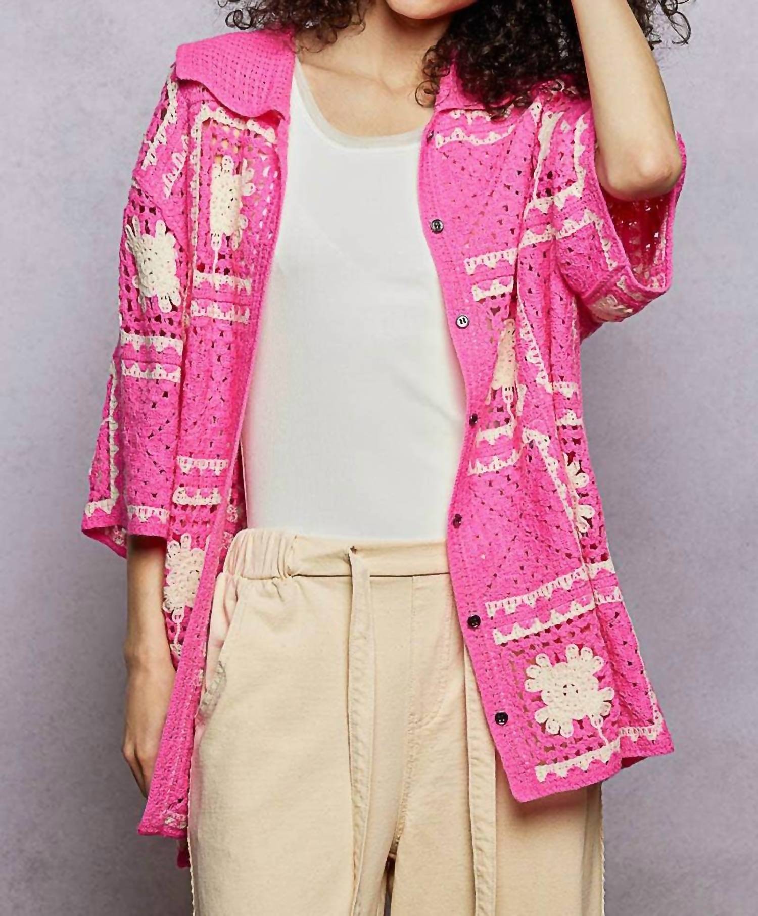 POL Button Collar Granny Square Crochet Shirt Top in pink multi - women's blouse - view 4