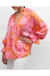 Finley Candace Floral Blouson Sleeve Top in royal hawaiian orange pink - women's blouse - alternate view