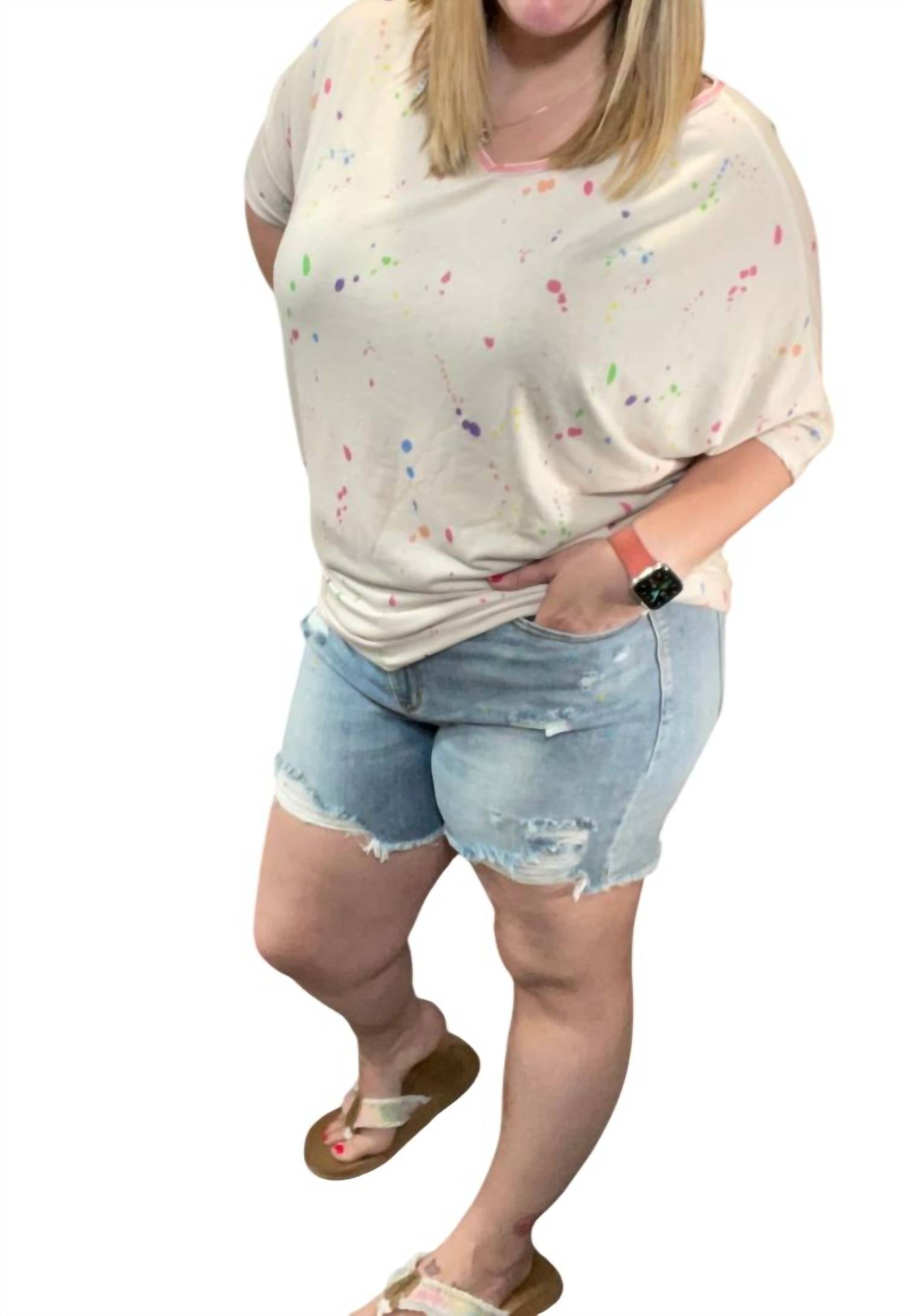 Judy Blue - Rainbow Paint Splash Destroy Shorts