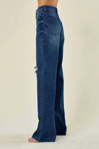 Saints & Hearts Daria Wide Leg Busted Knee Jeans in dark denim - women's pants - alternate view