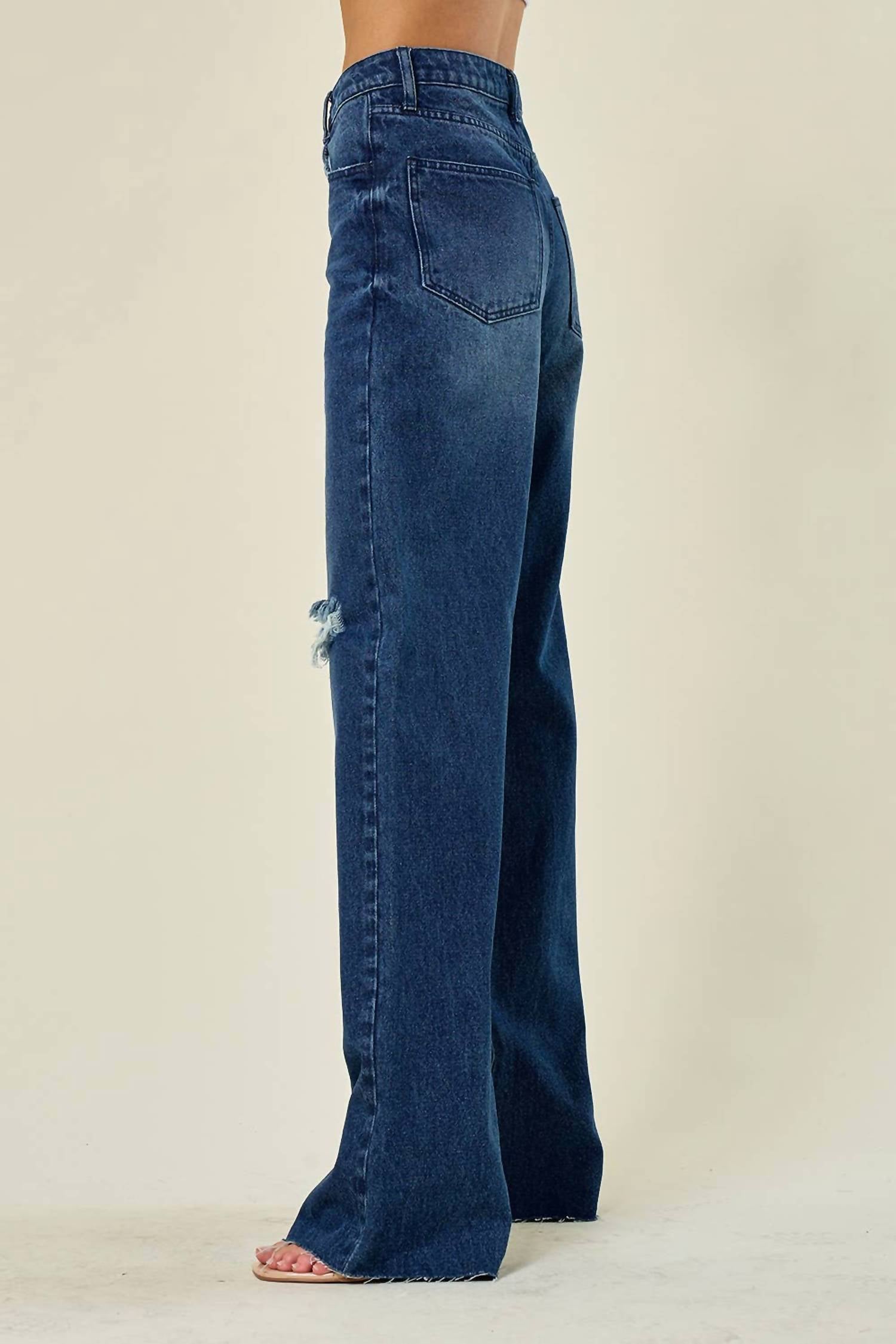 Saints & Hearts Daria Wide Leg Busted Knee Jeans in dark denim - women's pants - alternate view