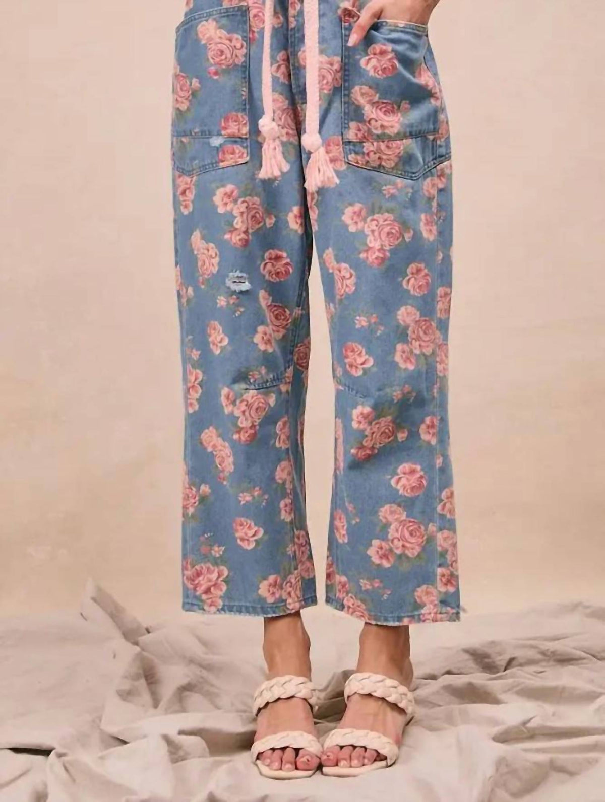 Vanilla Monkey - Women's Braided Waist Belt Patch Pocket Floral Denim Pants