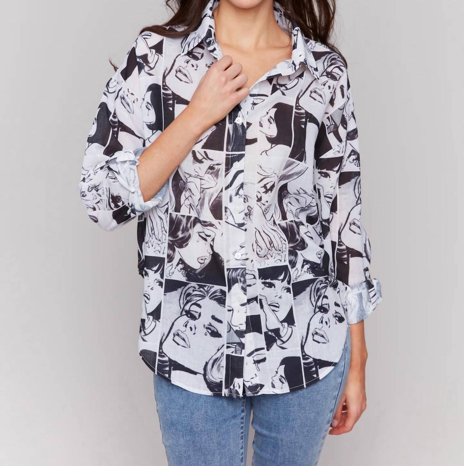 Charlie B - Print Long Sleeve Button Front Top