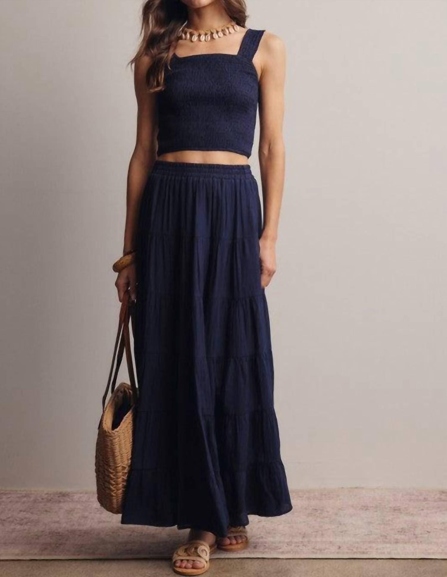 Forte Smocked Crop Top & Tiered Maxi Skirt Set in blue - women's skirt