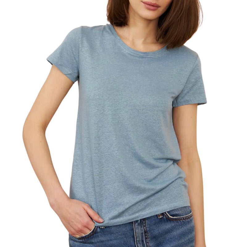 MAJESTIC FILATURES Women's Stretch Linen Short Sleeve Crewneck Top in ocean - women's t-shirt