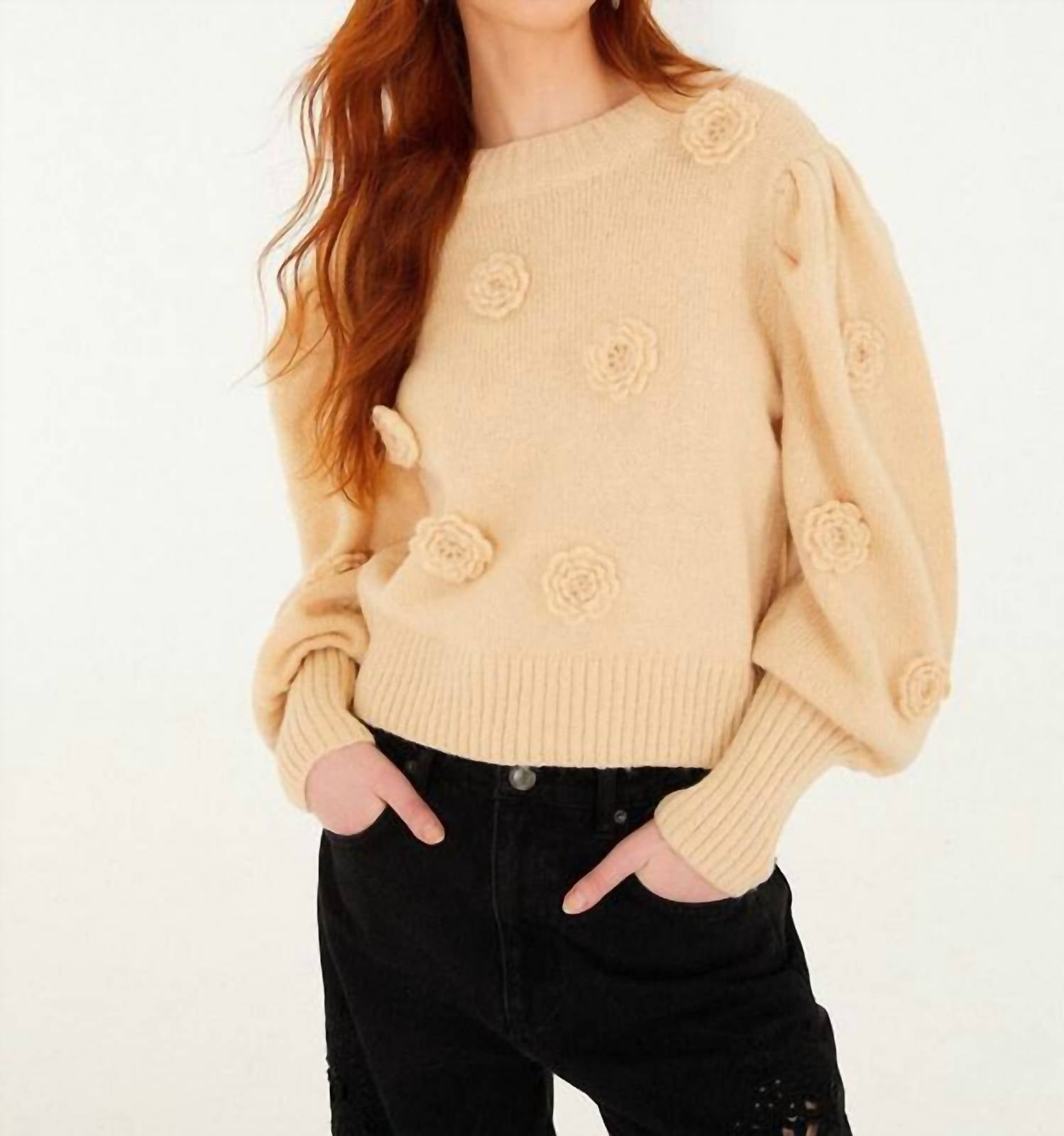 FARM RIO Crochet 3d Flower Dropped Shoulder Knit Sweater in sand - women's sweater