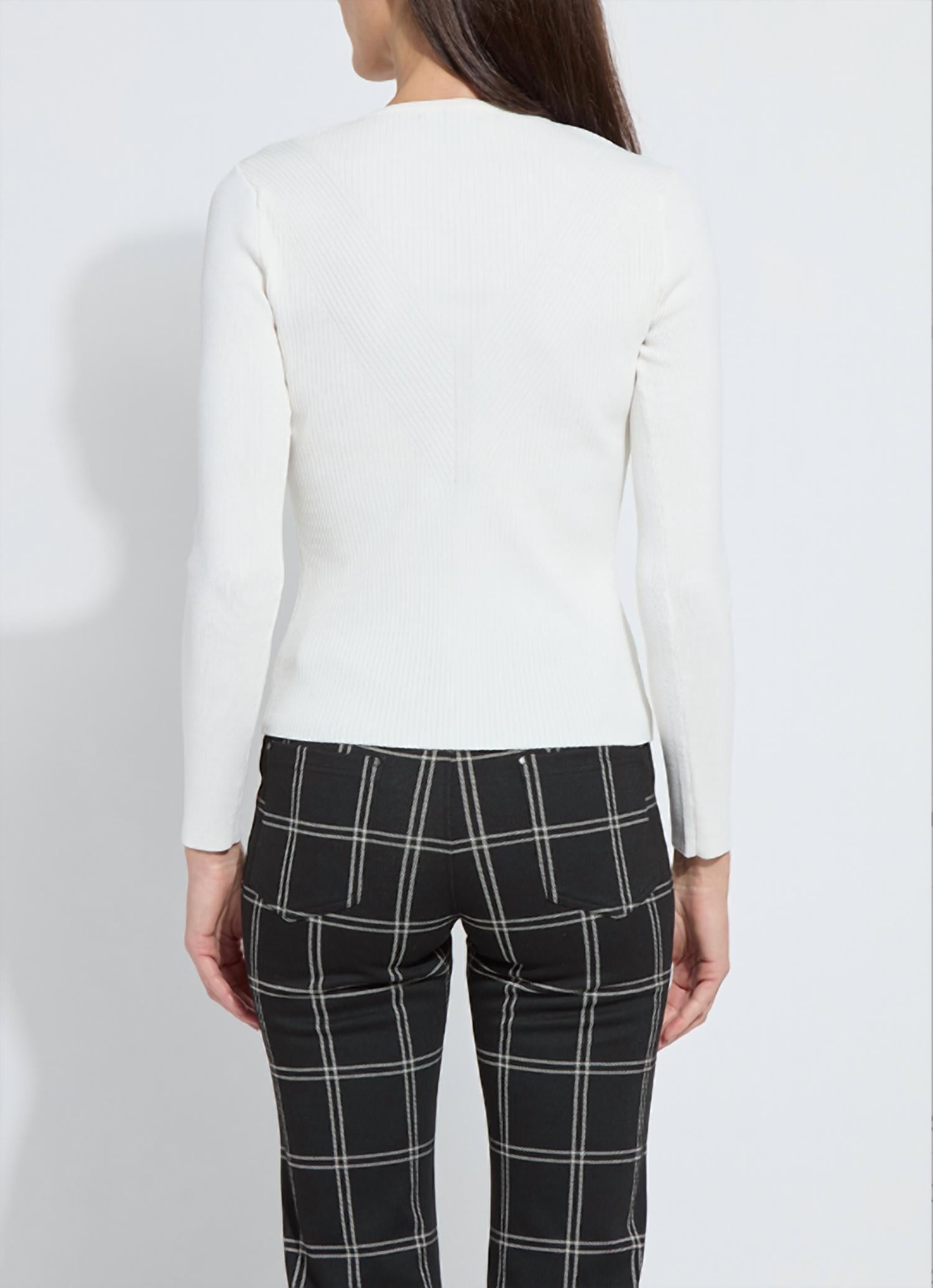 Lysse Adette V-neck Ribbed Long Sleeve Top in natural pearl - women's long sleeve top - detail view