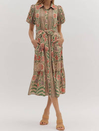 entro Botanical Print Puff Sleeve Midi Dress in natural multi - women's dress