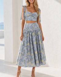 Mable - Positano Floral Printed Crop Top And Midi Skirt Set