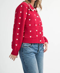 AEMI + CO Heart Pointelle Peter Pan Cardigan in red - women's cardigan - alternate view
