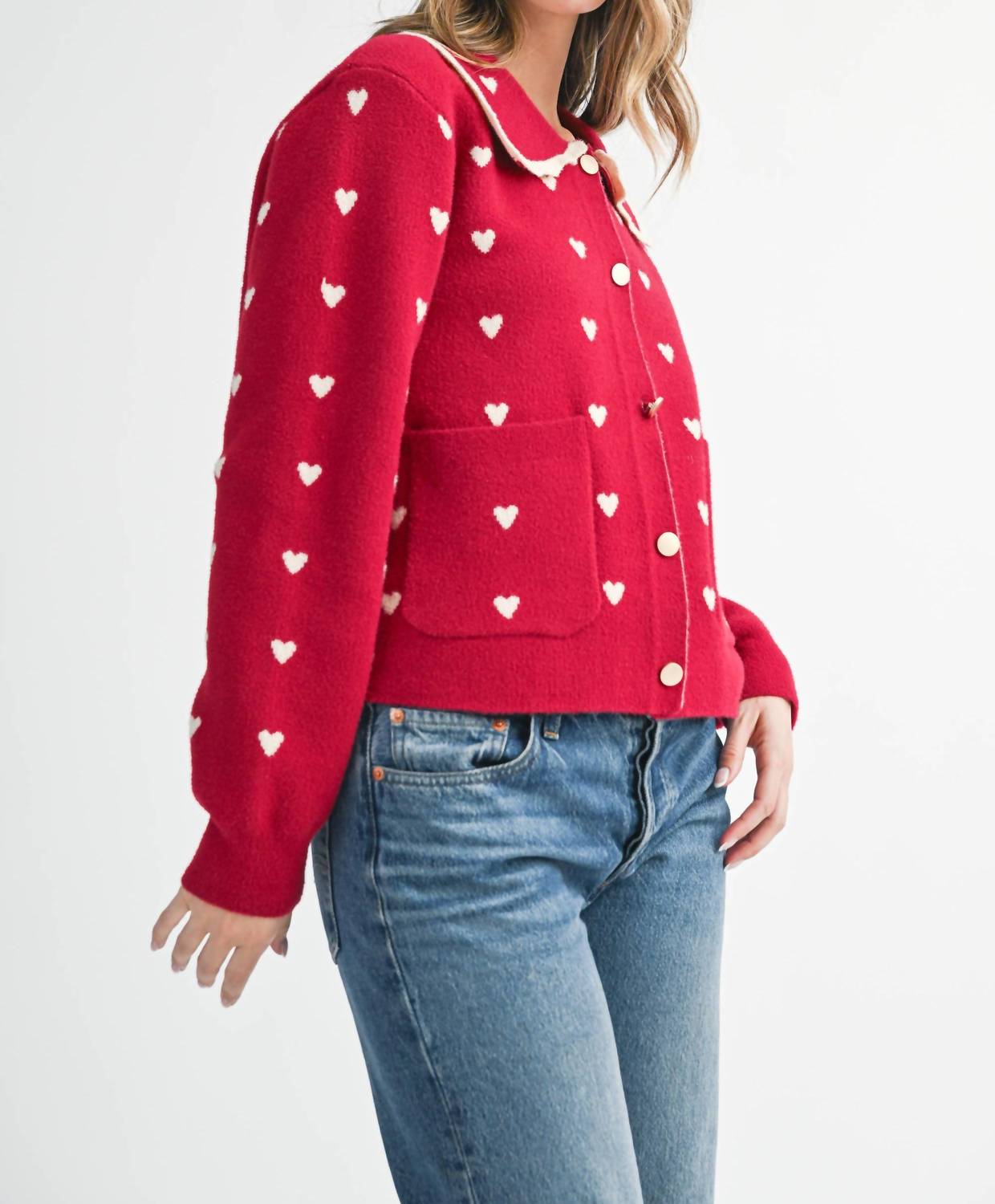 AEMI + CO Heart Pointelle Peter Pan Cardigan in red - women's cardigan - alternate view