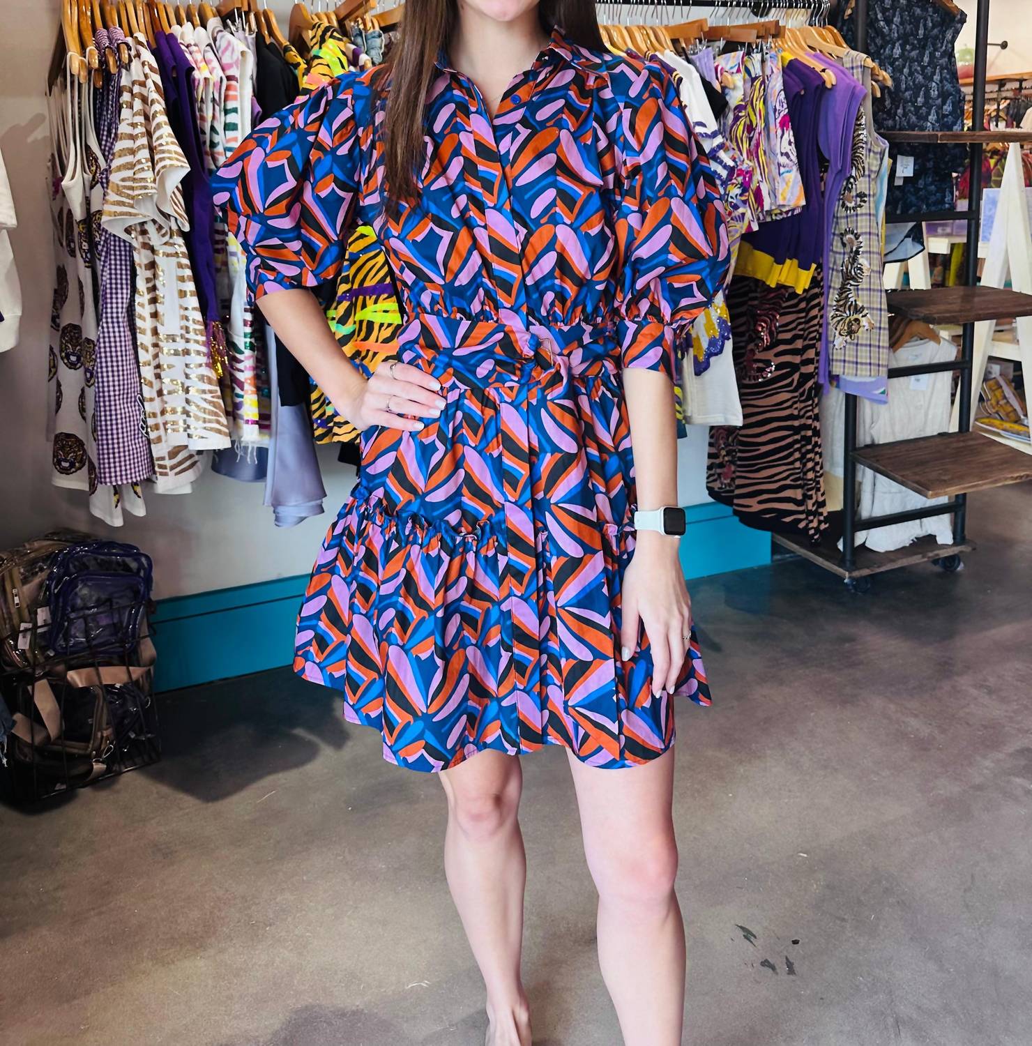 Sincerely Ours Abstract Tile Mini Dress in blue - women's dress - detail view