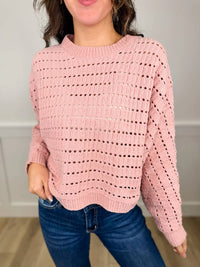 Allie Rose - Open-knit Long Sleeve Mom Cropped Sweater Top