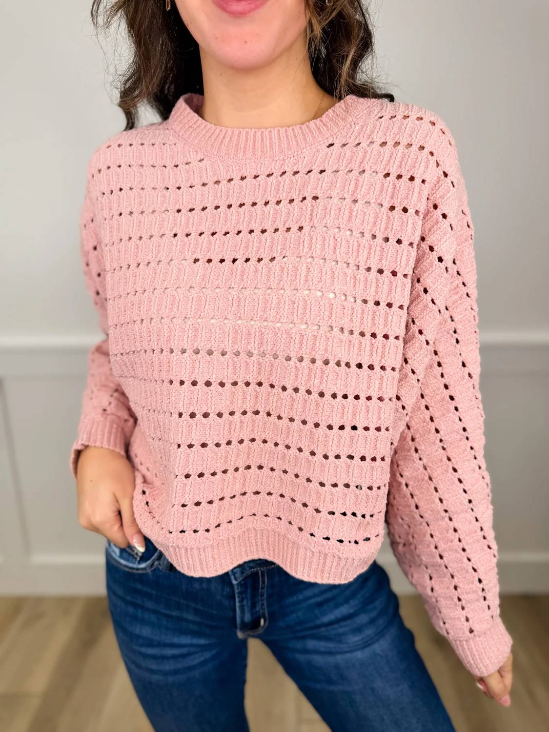 Allie Rose - Open-knit Long Sleeve Mom Cropped Sweater Top