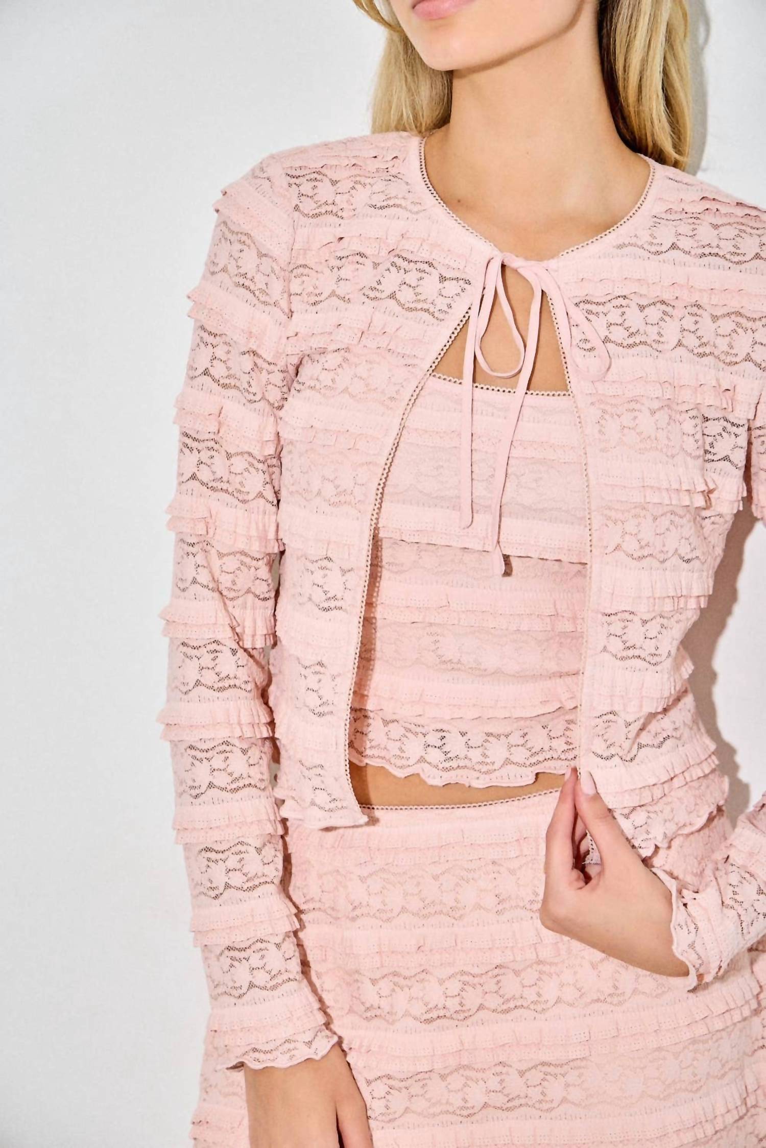 Baevely By Wellmade - LACE RUFFLE FRONT TIE TOP