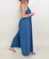 GiGiO Chic Comfort Textured Woven Spaghetti Strap Jumpsuit in denim - women's pants - detail view