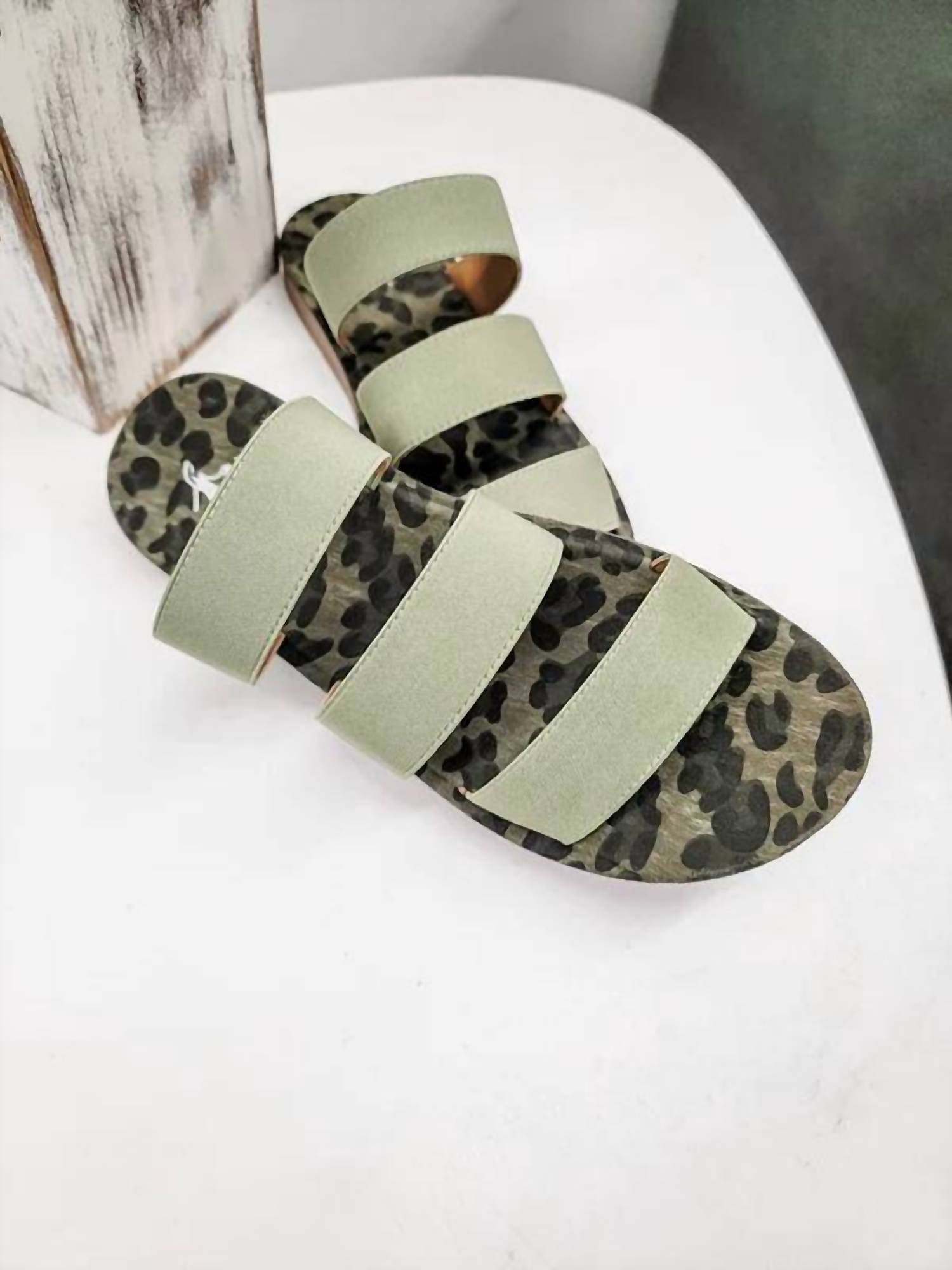 Corkys Footwear Women's Dafne Strap Flat Sandal in olive leopard - women's sandal - detail view
