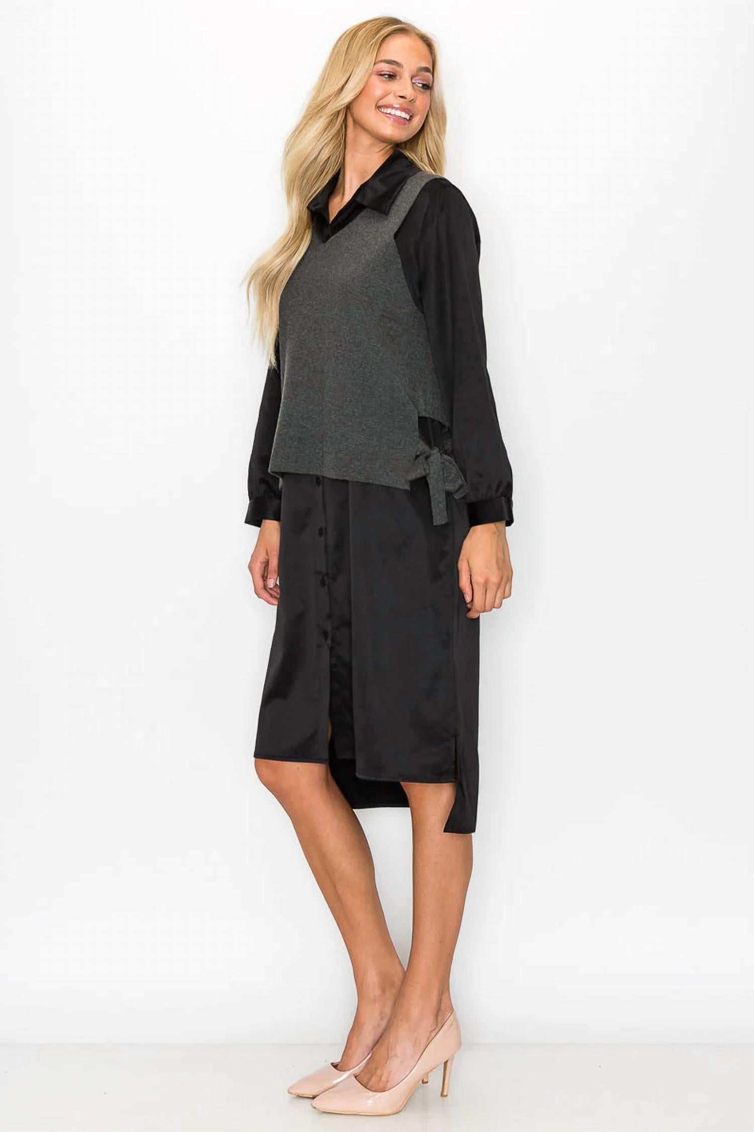 Joh - Woven Shirt Dress with Detachable Sweater Knitted Vest