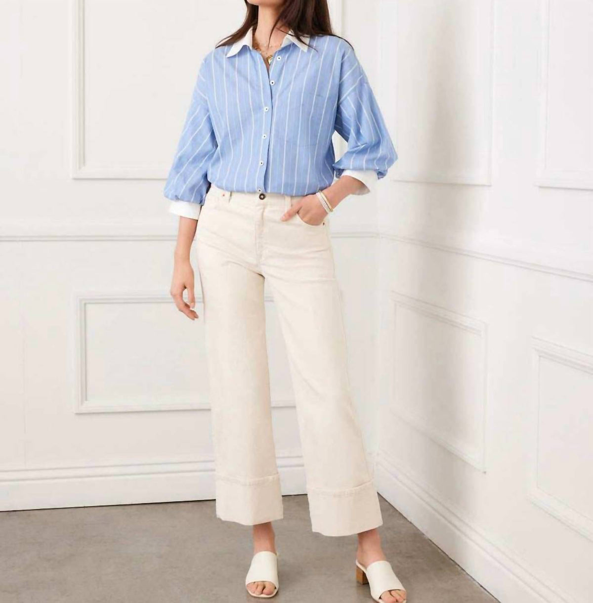Karen Kane - Stripe Lantern Sleeve Button-Up Shirt