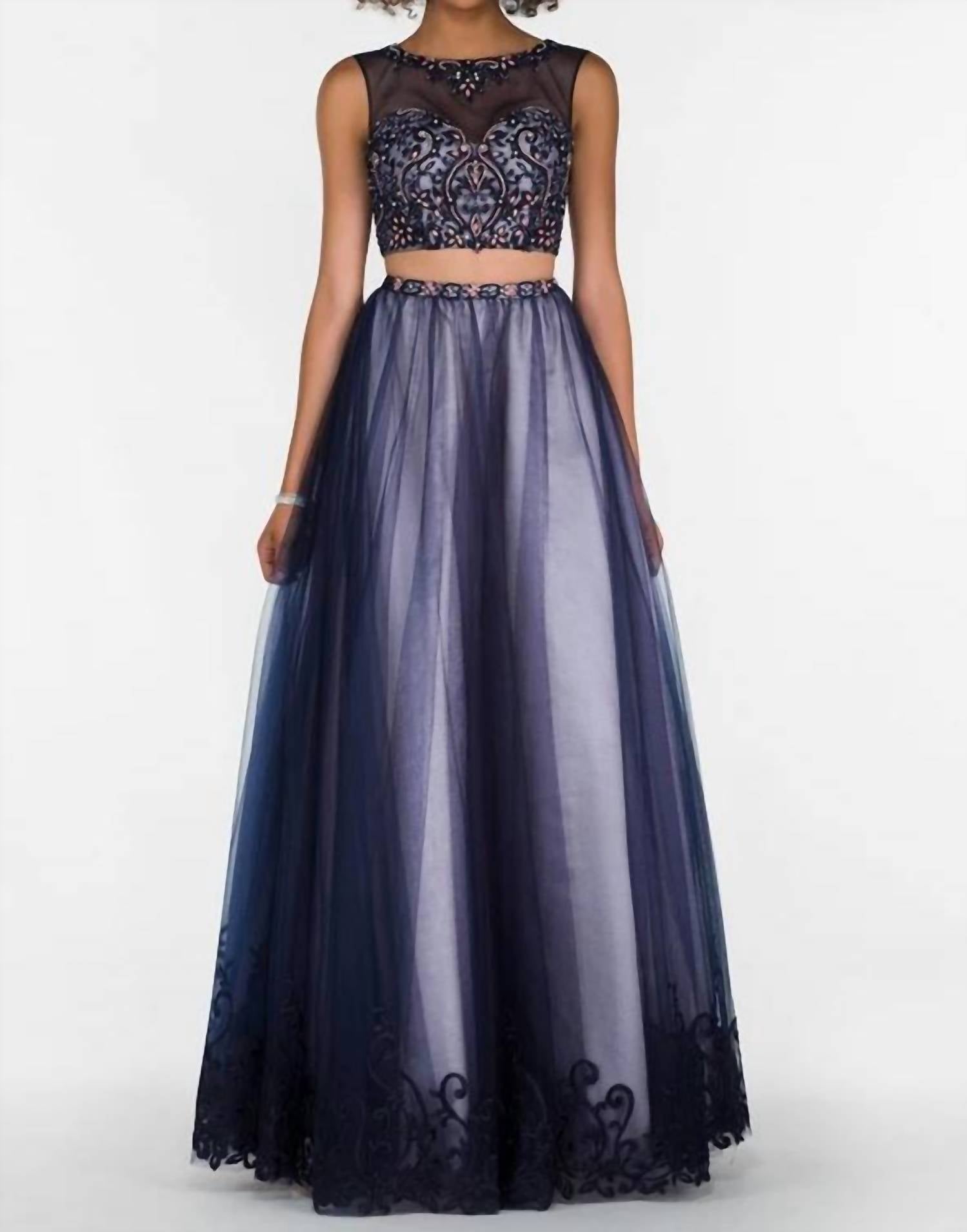 ALYCE PARIS Two Piece Embellished Tulle Prom Dress in navy blush - women's dress