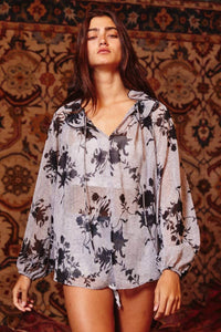 Bucketlist - Lurex Chiffon Floral Blouse With Ruffled Neck