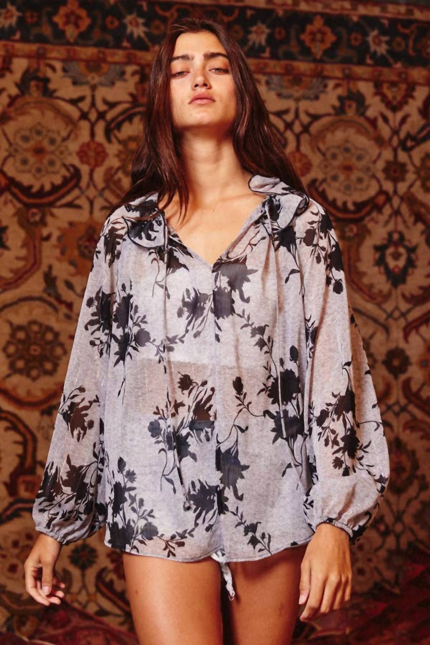 Bucketlist - Lurex Chiffon Floral Blouse With Ruffled Neck