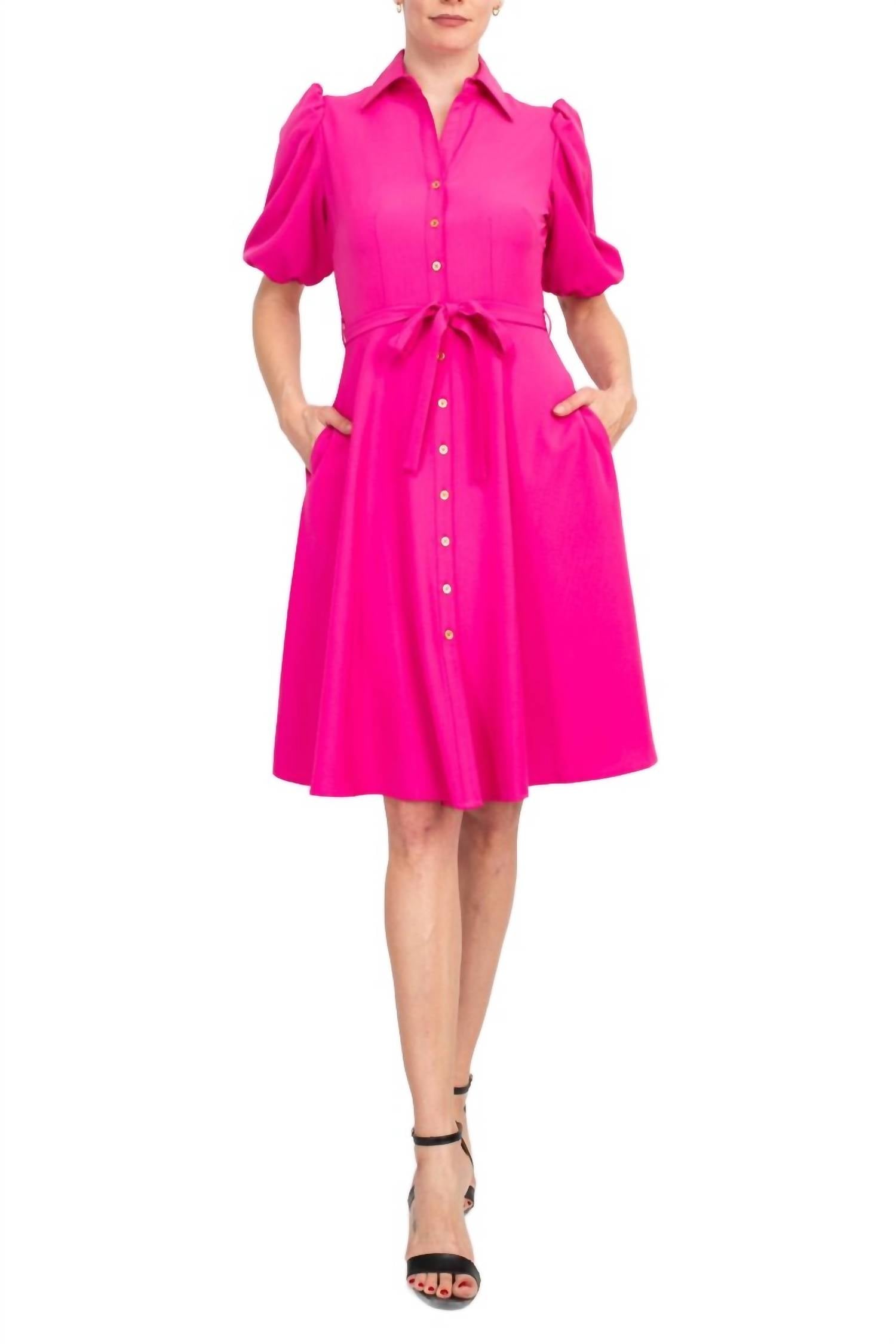 Sharagano - Collared Short Sleeve Button Front Dress With Pockets