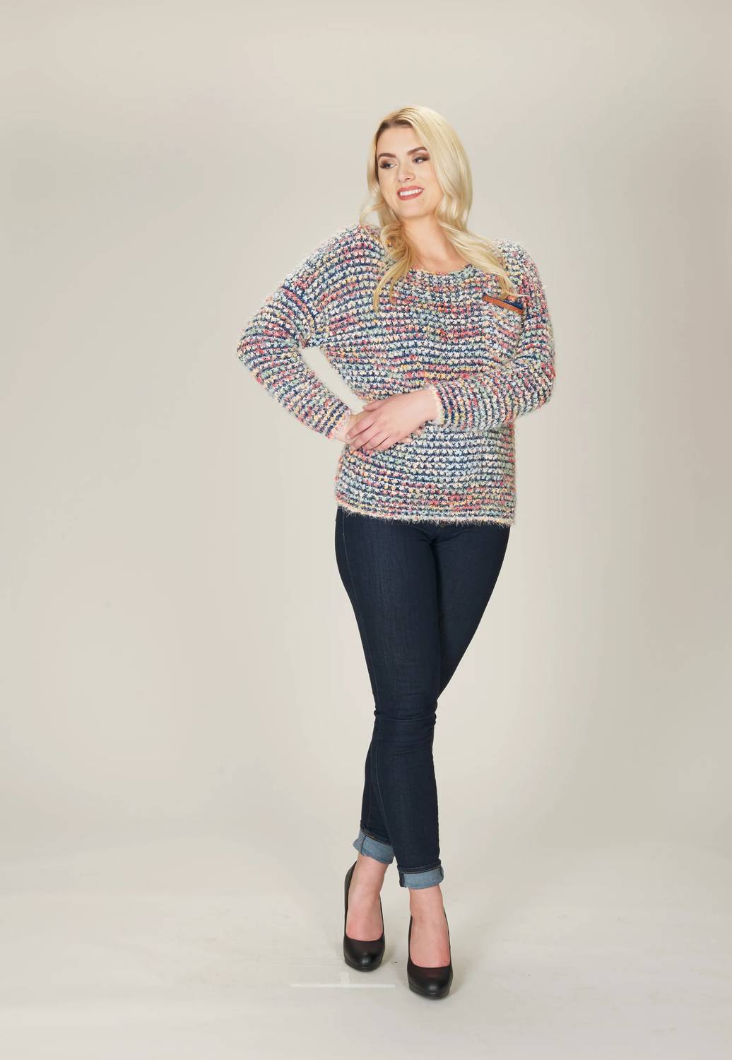 Papillon - Multicolor Fuzzy Sweater With Leather Trim Detail
