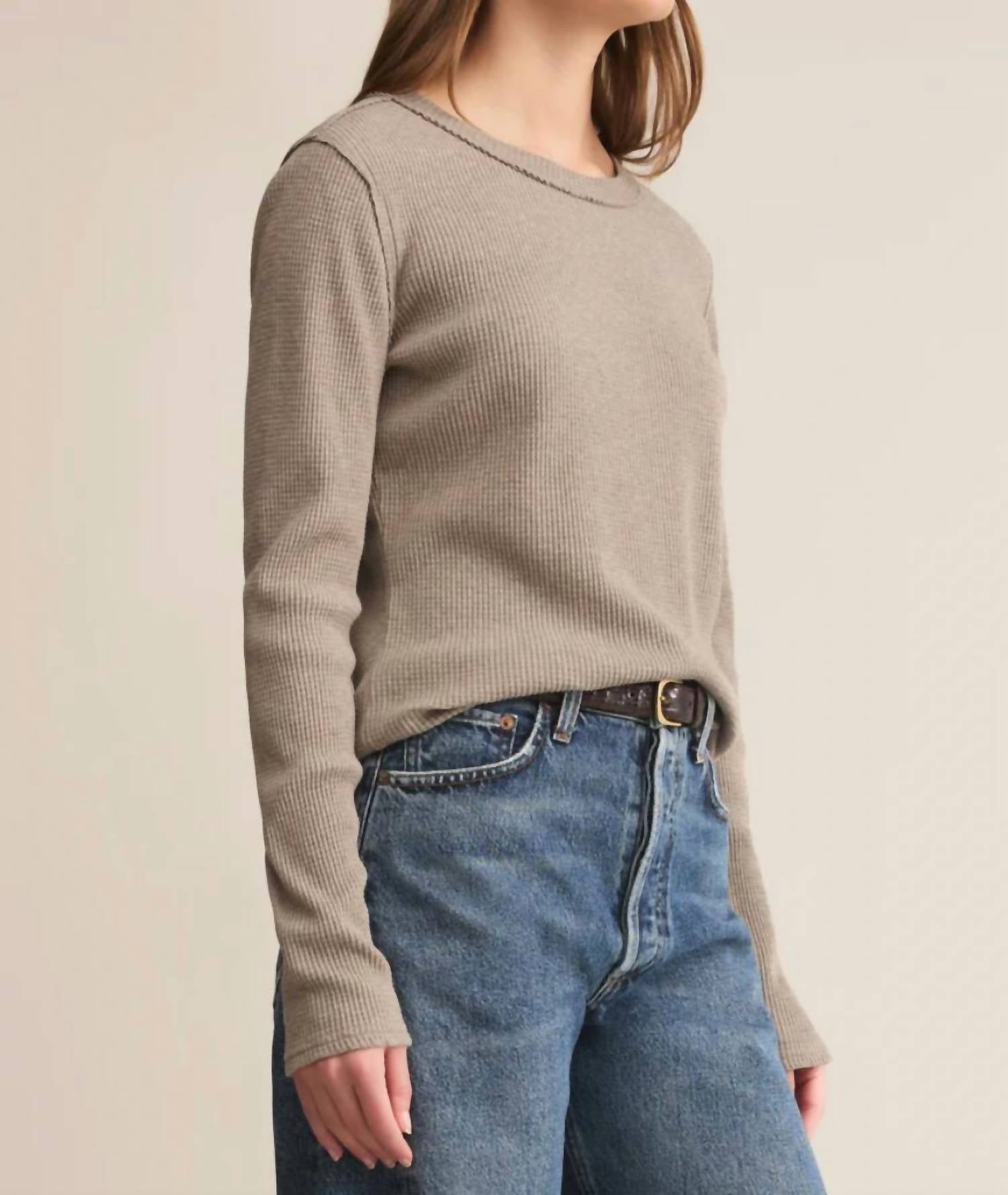 Z Supply Arlet Mini Thermal Top in smoked heather 1 - women's long sleeve top - detail view