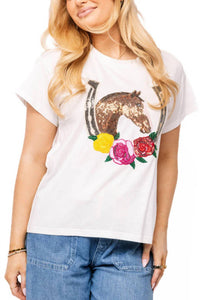 QUEEN OF SPARKLES Horse & Rose Horse Shoe Tee in white - women's t-shirt
