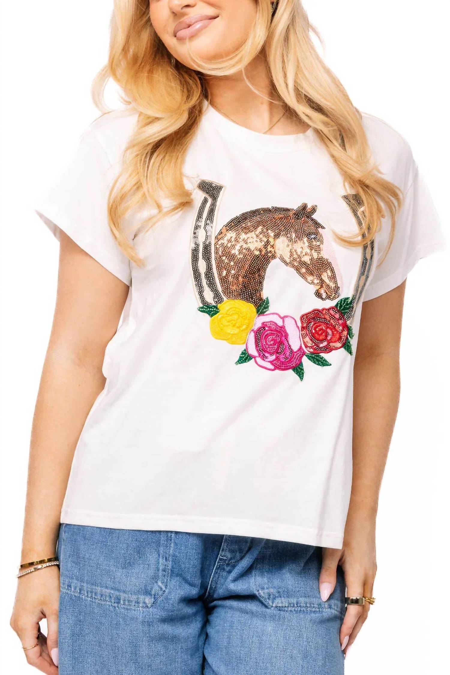 QUEEN OF SPARKLES Horse & Rose Horse Shoe Tee in white - women's t-shirt