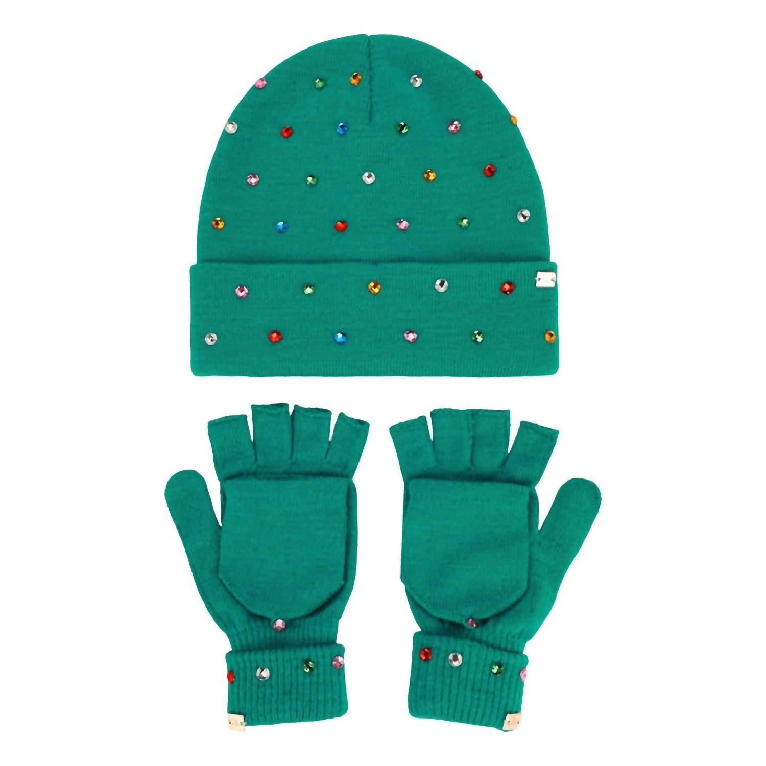 Packed Party - Knit Rhinestone Beanie And Mittens Set