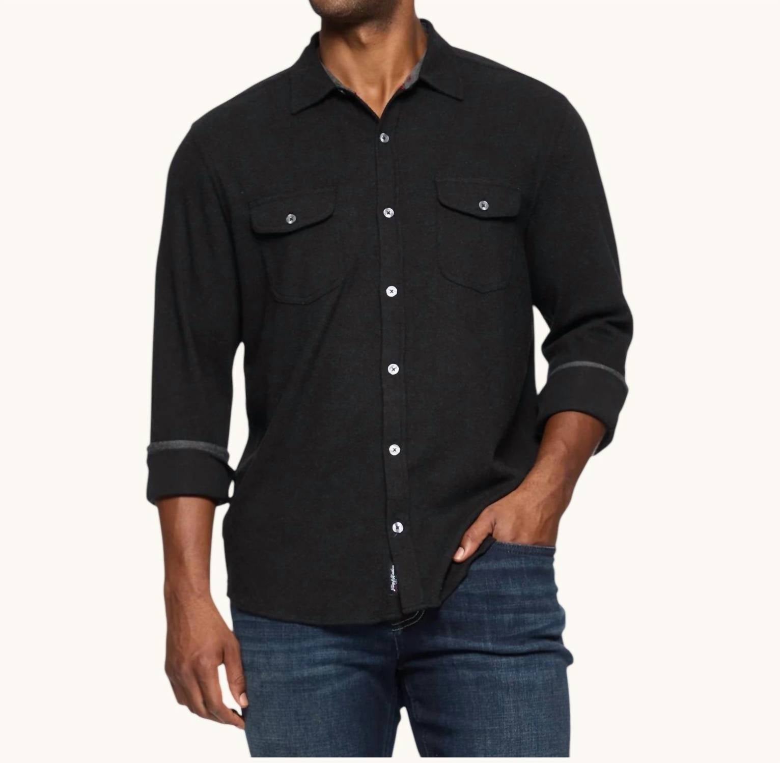 Flags & Anthem Hero Long Sleeve Solid Twill Knit Flannel Button-Down in black - men's shirt - detail view