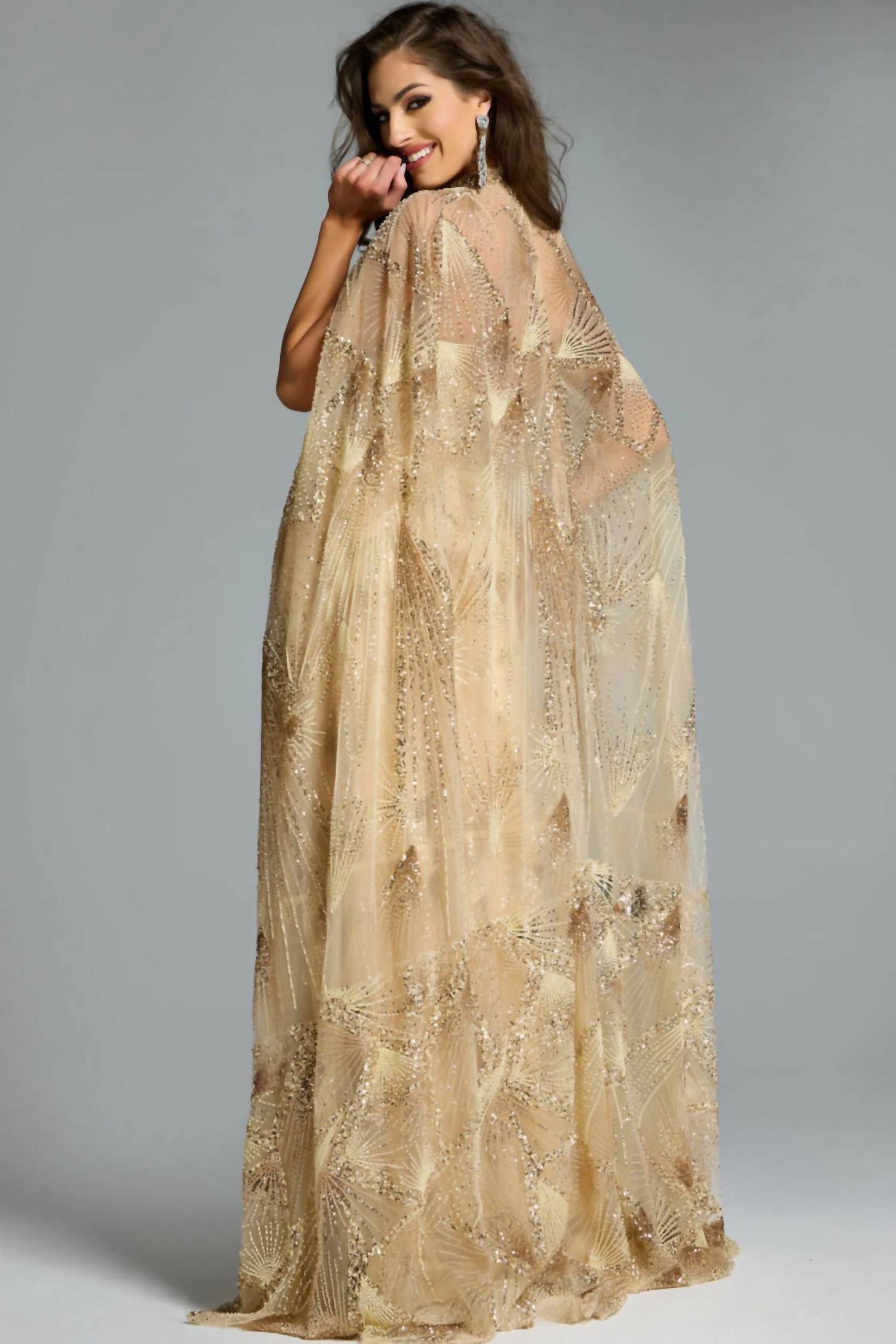 Jovani - Cape Sleeve Embellished Dress