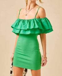 Day + Moon - Off Shoulder Ruffled Ribbed Mini Dress