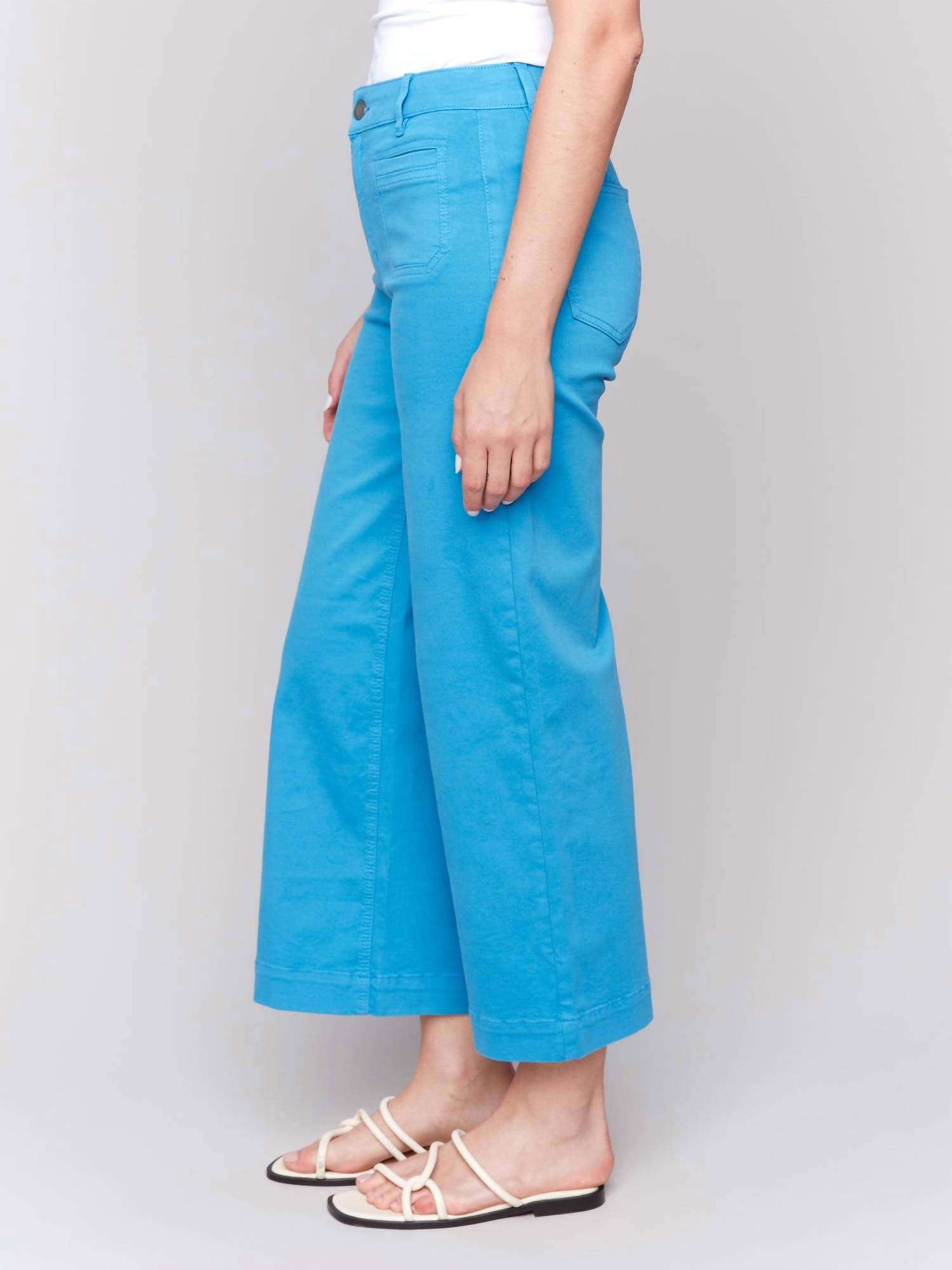 CHARLIE B Cropped Flare Leg Front Patch Pocket Pants in lagoon - women's pants - view 4