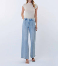 FLYING MONKEY High Rise Full Length Cut Seam Detail Wide Jeans in light wash - women's pants