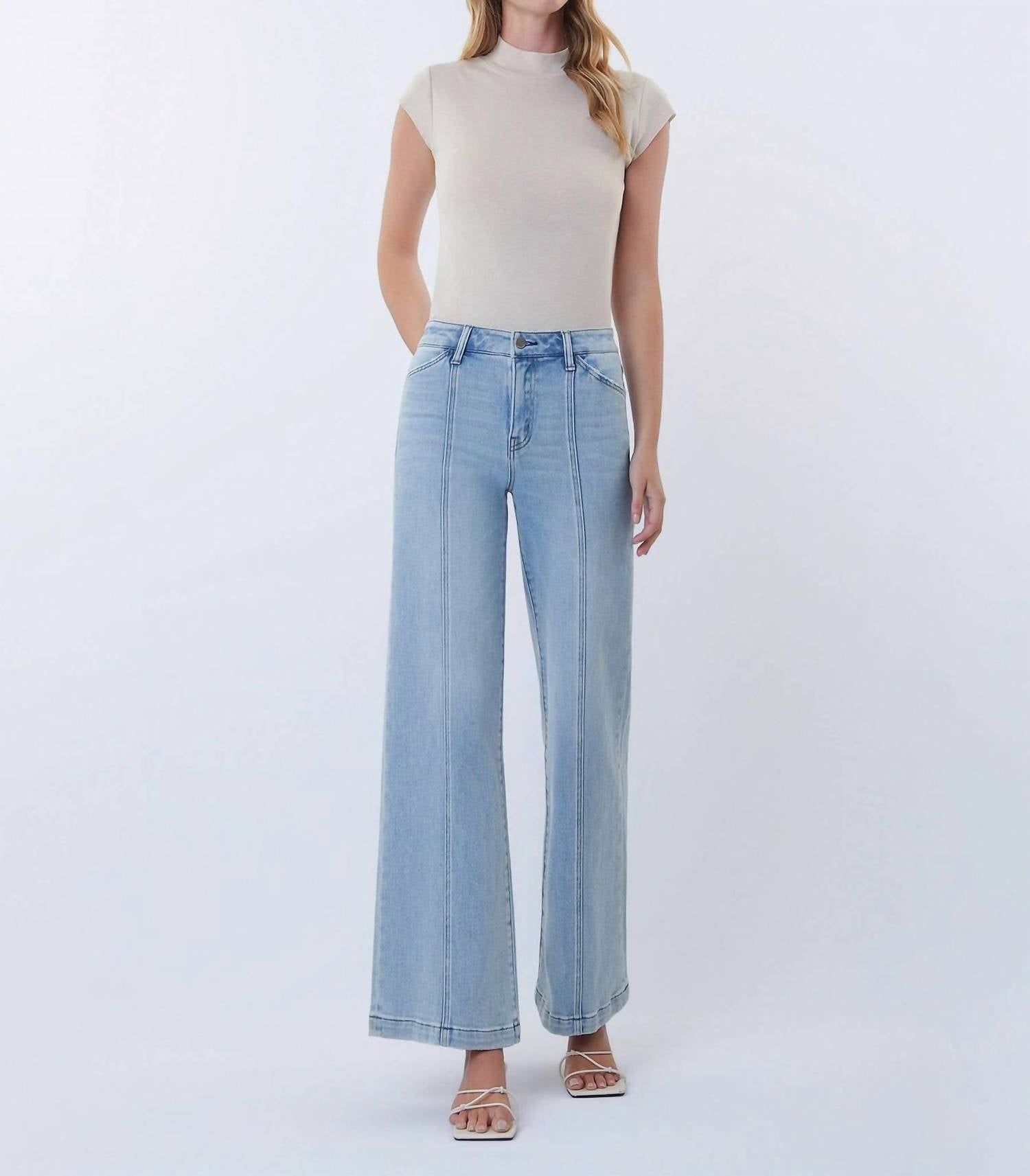 FLYING MONKEY High Rise Full Length Cut Seam Detail Wide Jeans in light wash - women's pants