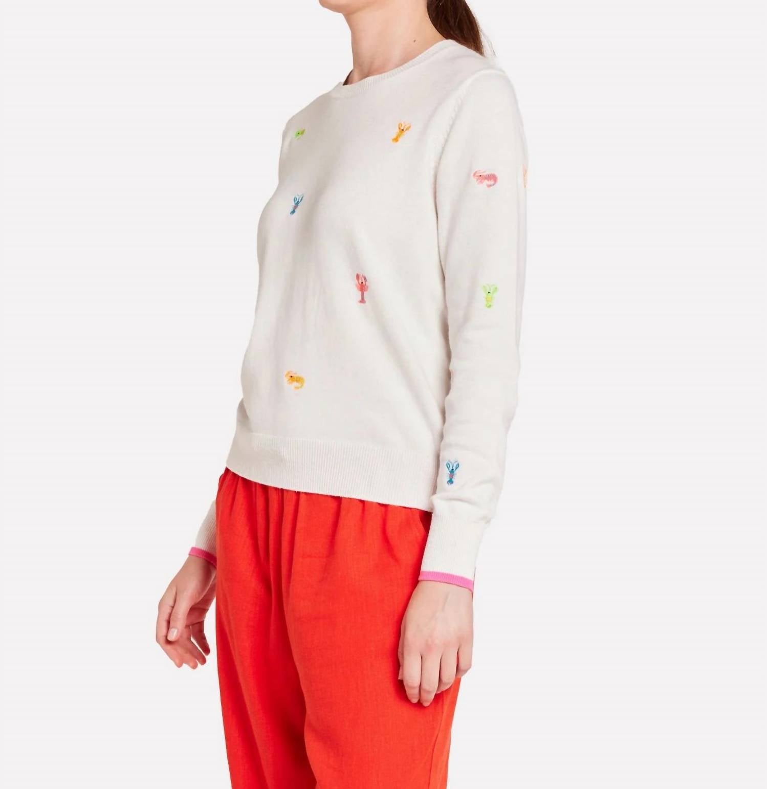 Brodie Cashmere Lobster Embroidered Crew Sweater in white - women's sweater - alternate view